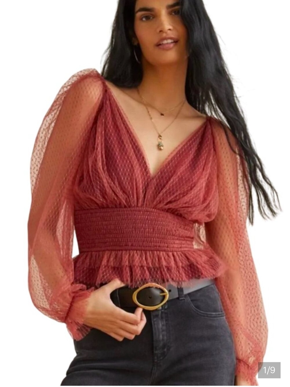 Free People Rust Mesh V-Neck Smocked Peplum Top